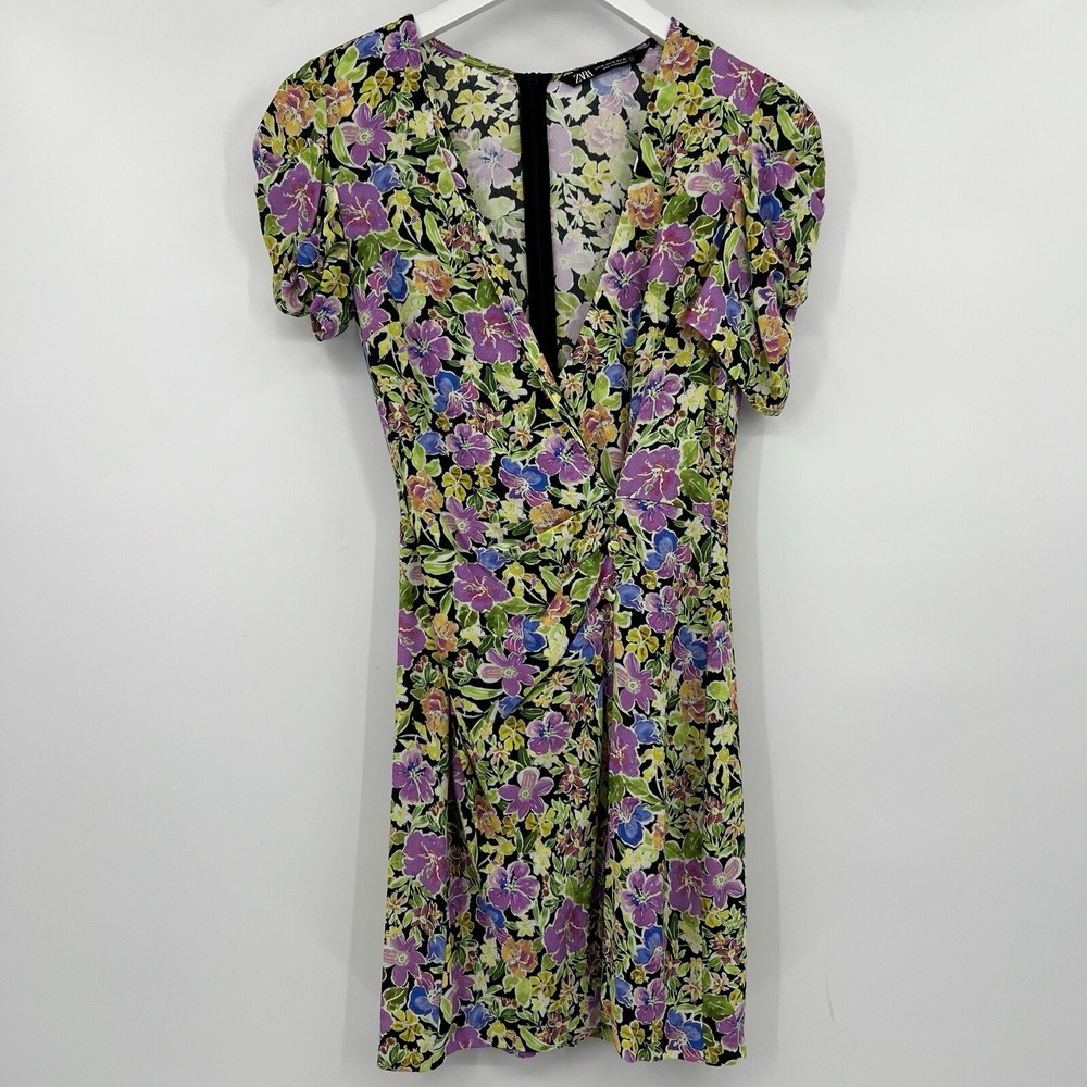 Zara Floral Wrap Mini Dress Short Sleeve Button Side Ruched Green Purple Size XS - Picture 2 of 8